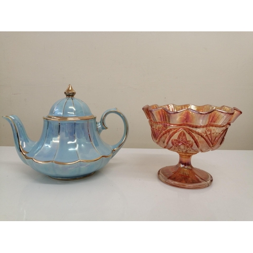 489 - A beautiful, sea blue teapot with gold trim, by 'Sadler', together with a vintage glass bonbon dish.... 