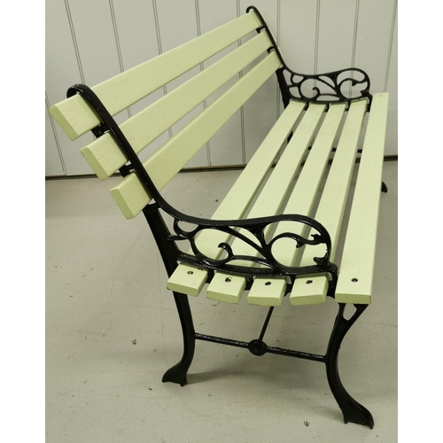 703 - An iron-framed garden bench, with a painted sage green seat & backrest. Dimensions(cm) H70(36 to sea... 