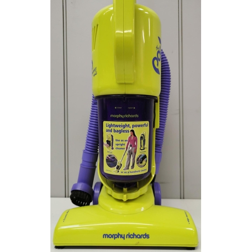 773 - A lightweight, yellow & purple 'POD', upright, bagless vacuum cleaner with hose attachments from Mor... 