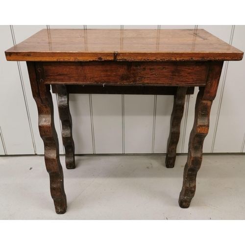 972 - An antique oak, single drop-leaf table, with wavy legs. Dimensions(cm) H64, W67/43, D65.