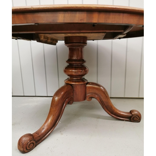 973 - A Victorian, oval tilt-top breakfast table, on tripod pedestal base. Dimensions(cm) H72, W132, D95.