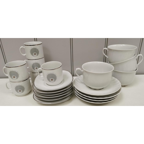 1387 - Two sets of contemporary coffee cups & saucers. One a four-place plain white ceramic, the other a si... 