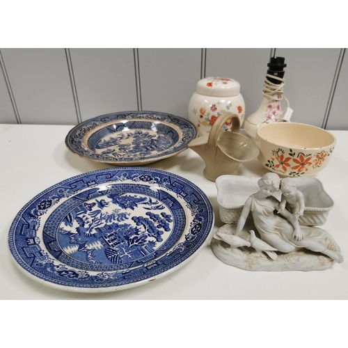 1395 - A mixed selection of seven ceramic pieces. To include two willow plates, trinket dish, lamp base etc... 