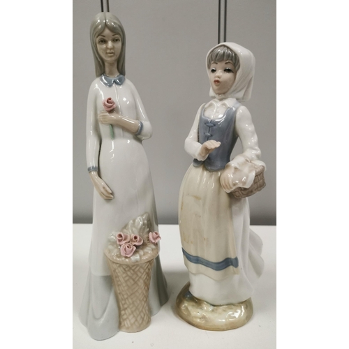 1399 - A pair of ceramic ladies, in the style of Lladro. Height 22cm & 24cm.