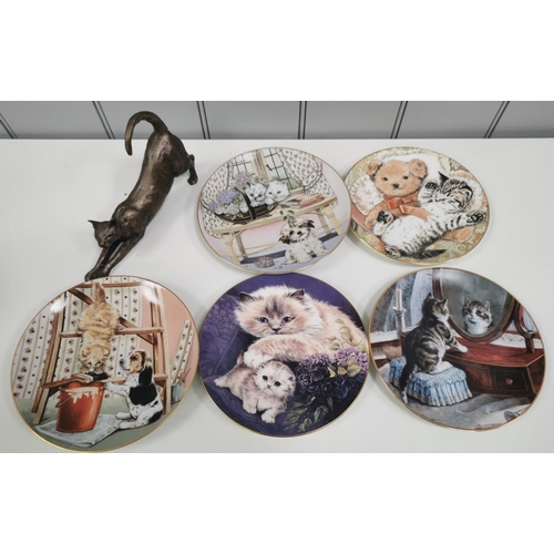 1403 - A selection of feline-themed Royal Worcester & W.J. George display plates, together with a figurine.