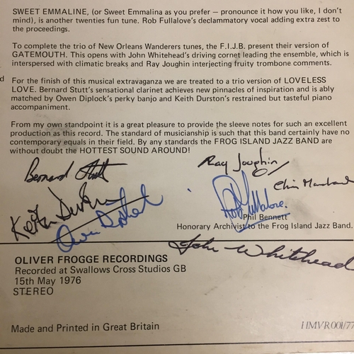 3615 - 'Frog Island Jazz Band' vinyl album, signed to reverse of cover by all seven band members. Oliver Fr... 