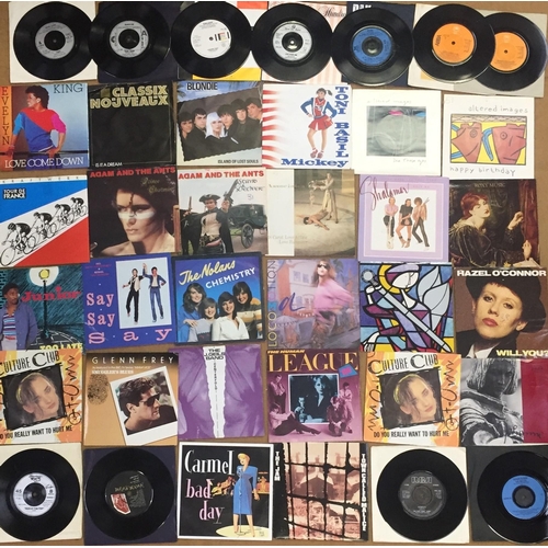 3732 - A collection of approximately forty-five 1980's vinyl singles. Together with a well-used carry case.