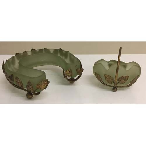 205 - An Art Deco, satin green Bagley's flower horseshoe posy bowl, with tulip vase. Both with brass leaf ... 