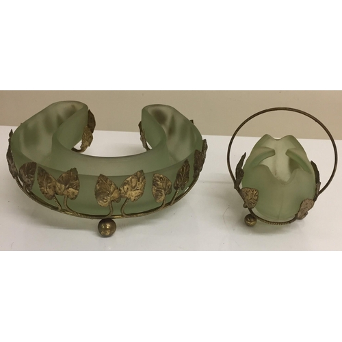 205 - An Art Deco, satin green Bagley's flower horseshoe posy bowl, with tulip vase. Both with brass leaf ... 