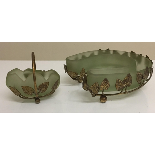 205 - An Art Deco, satin green Bagley's flower horseshoe posy bowl, with tulip vase. Both with brass leaf ... 