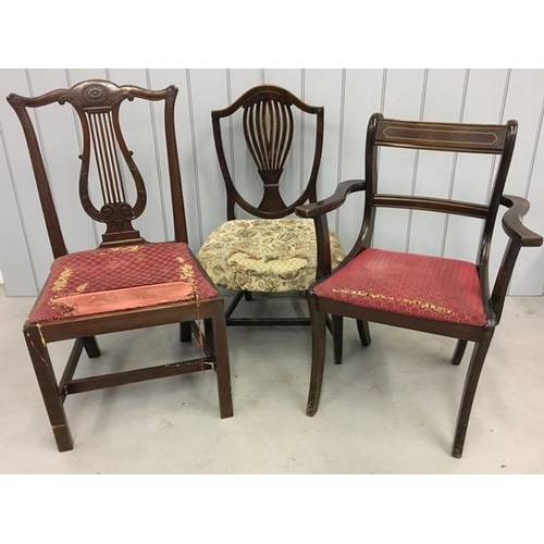 158 - A mixed lot of three antique chairs. In need of re-upholstering.