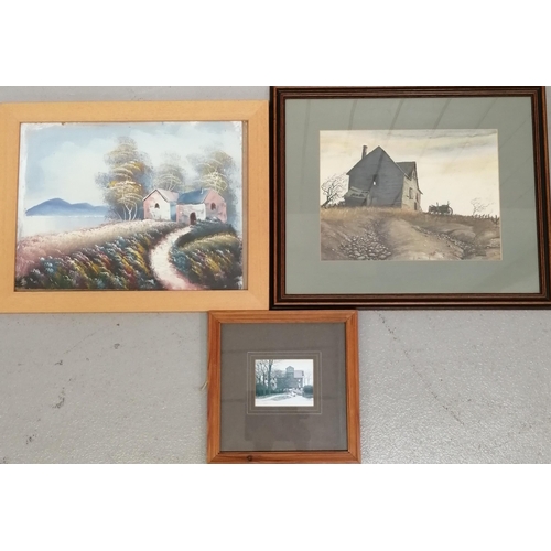 341 - A mixed lot of artwork. To include an untitled scenic scene oil on board (36cm x 46cm), a print of '... 