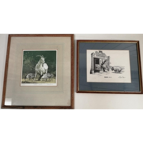 342 - Two framed prints. 'Ram Raid' (28cm x 33cm) & 'Geese & Goat' - a limited edition print by Simon Bull... 