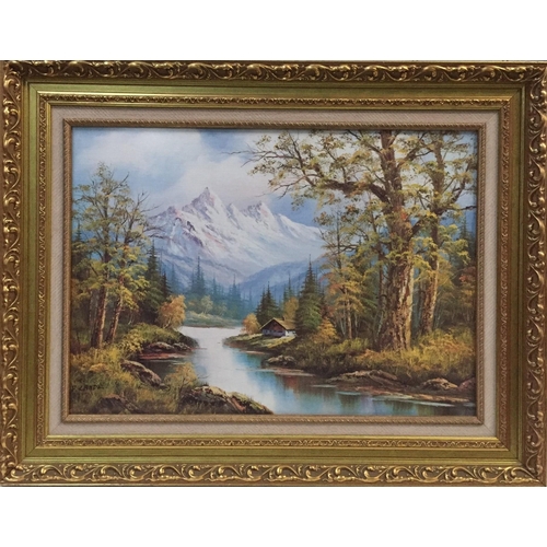 284 - A gilt framed, colour print, entitled 'Cabin on the River, Mountain Scene', by P Lande.  Framed dime... 