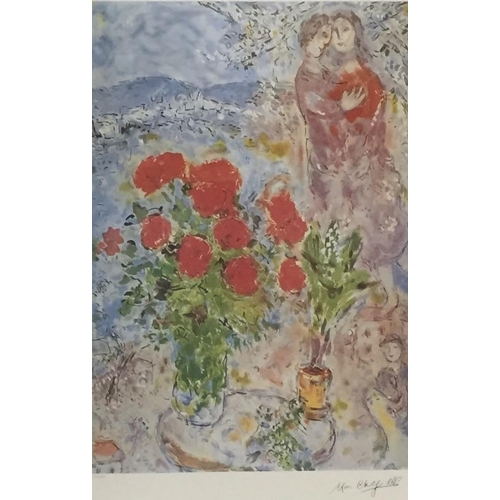 312 - A gilt framed, limited edition , lithograph, entitled ‘Red Bouquet & Lovers', signed by Marc Chagall... 