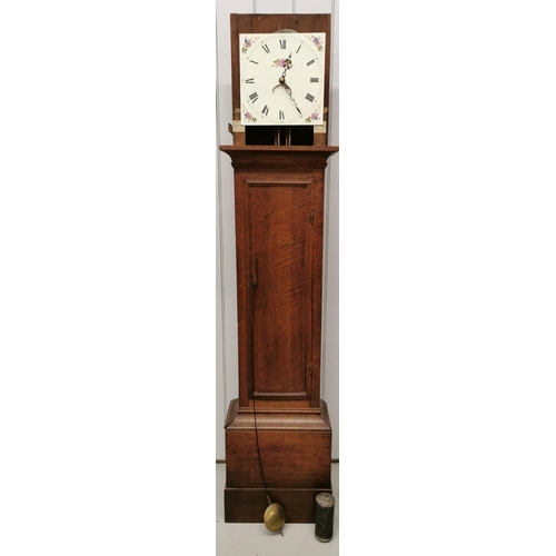 An oak cased grandfather clock, with key present. Vendor advises clock is in working order & the clock face is not the original. Dimensions(cm) H223, W44, D23.