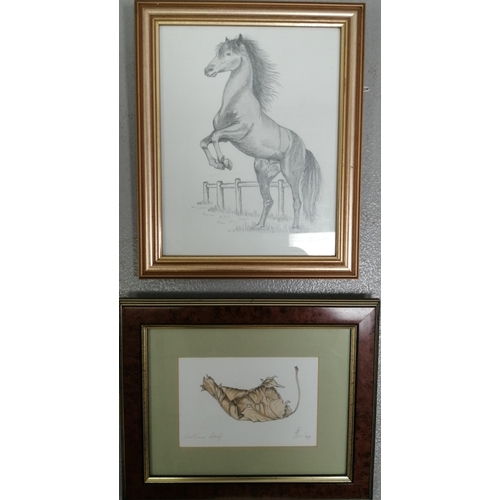 351 - Two modern framed prints. Rearing Horse (30cm x 25cm) & 'Autumn Leaf' (23cm x 29cm).