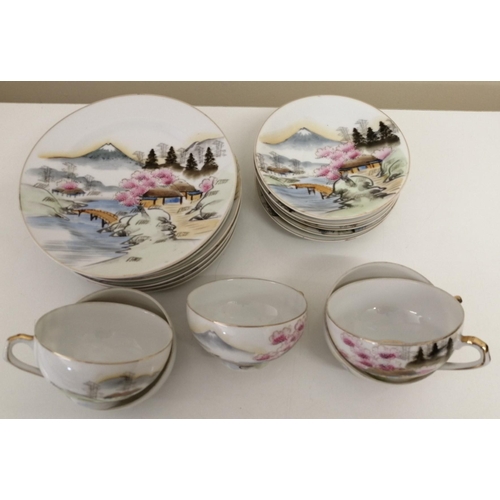 486 - A vintage, hand-painted Japanese part tea set. To include five cups, six saucers & six plates. Plate... 