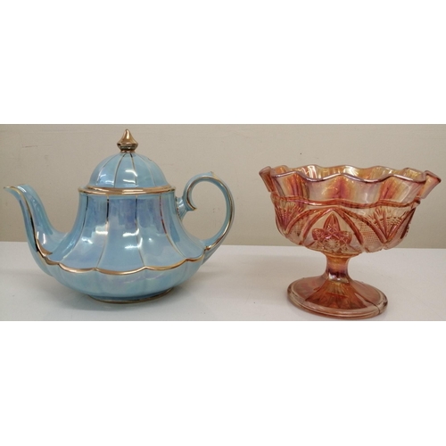 489 - A beautiful, sea blue teapot with gold trim, by 'Sadler', together with a vintage glass bonbon dish.... 