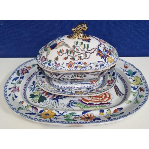 523B - Three pre-1830s Hicks and Meigh dinnerware items. Includes an orient inspired smaller platter, a min... 