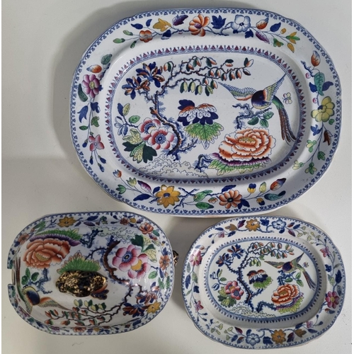 523B - Three pre-1830s Hicks and Meigh dinnerware items. Includes an orient inspired smaller platter, a min... 