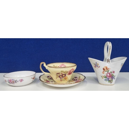 534F - A trio of quality ceramics, to include a transfer print floral 'Dresden' decorative basket, a 'Foley... 