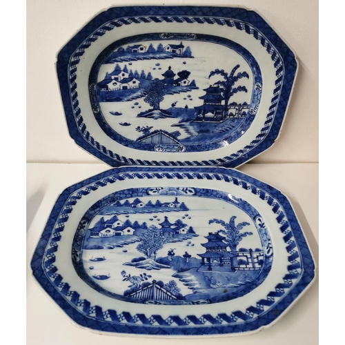 503 - A pair of hand-painted, Chinese blue & white octagonal platters, with similar design. Likely early 1... 