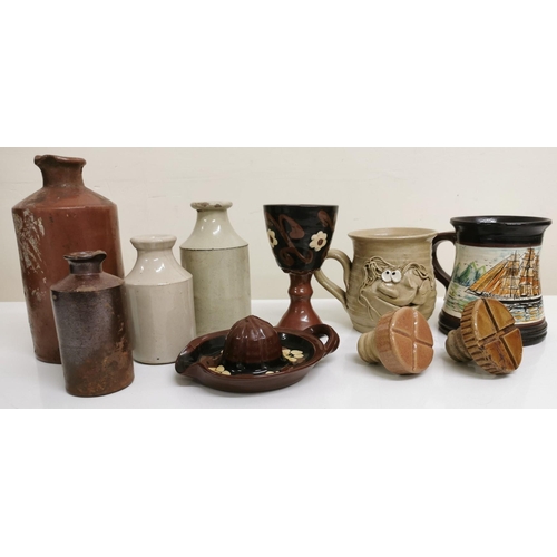 552 - A selection of ten items of vintage stoneware. To include a lemon juicer, goblet, mugs, jugs & screw... 