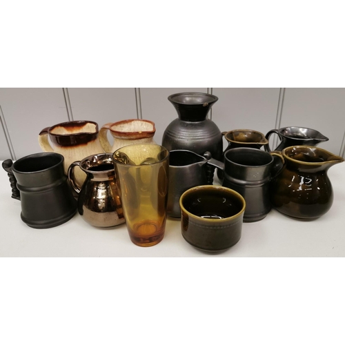 555 - A collection of eleven pieces of 'Prinknash Pottery', together with a vintage amber glass.