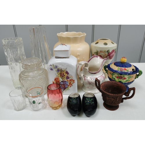 561 - A mixed lot of thirteen pieces of vintage, decorative ceramics & glassware. To include vases, jugs, ... 