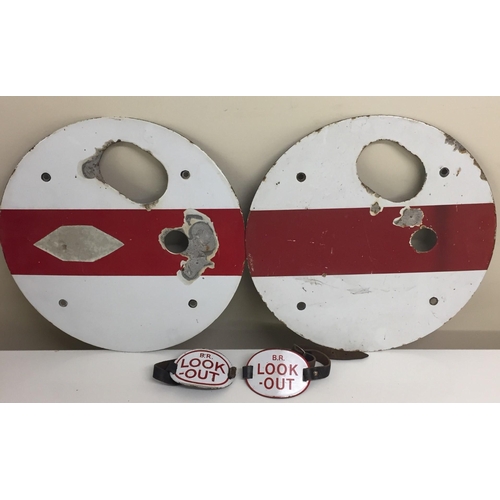 640 - A pair of British Rail, enamelled shunting discs, together with a pair of 'Look Out' armbands.