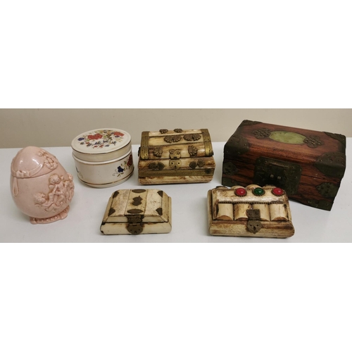 680 - A collection of six vintage trinket boxes. To include bone, wood & ceramic examples.