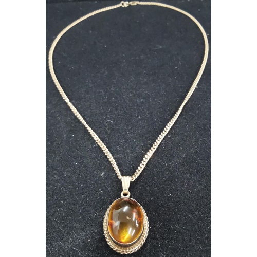 877 - A hallmarked 9ct gold necklace, with hallmarked 9ct gold amber gem pendant. Weight approx. 4.6g. (ch... 