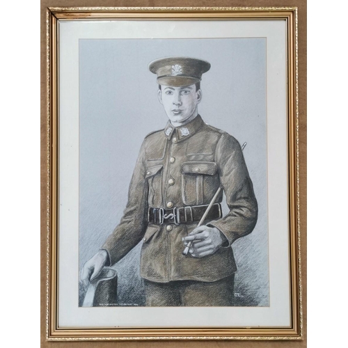 93 - A framed, embellished portrait print of Private W G Batten, Welsh Regiment 1914. Signed by the artis... 