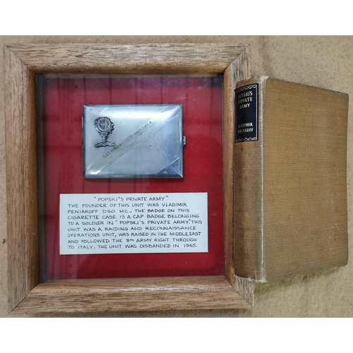 110 - A framed cigarette case, bearing the cap badge of a soldier from 'Popski's Private Army', together w... 