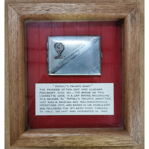 110 - A framed cigarette case, bearing the cap badge of a soldier from 'Popski's Private Army', together w... 