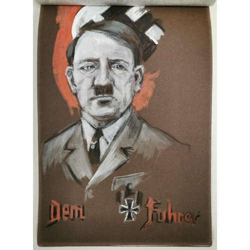 A unique pastel portrait album of German origin. Likely created by a German soldier during WWII, the album includes fourteen pastels of key Nazi personnel, including Hitler, Goering, Rommel, along with insignia & propaganda drawings. Pastel dimensions 25cm x 18cm.