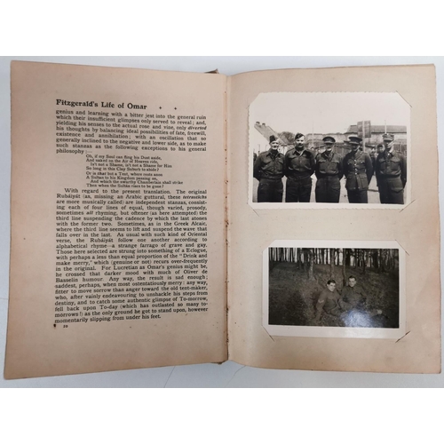 A unique photo book of prisoners of war in Stalag XXI-A camp. The album was made from an adapted copy of the book 'Omar Khayam' and provides an interesting history and insight into camp life, including many photographs of prisoners undertaking tasks and acting in camp performances. The album is marked on the inners with an original Stalag XXI-A stamp and is noted 'all photographs in the book have been censored'. Approximately 73 photographs are housed in the book/album.