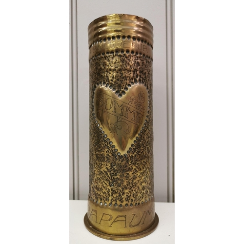 221 - Trench Art - A decorated WWI brass shell case, from the French battlefields, to commemorate the 'Bat... 