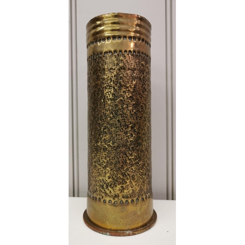 221 - Trench Art - A decorated WWI brass shell case, from the French battlefields, to commemorate the 'Bat... 