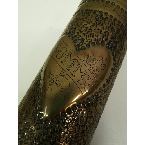 221 - Trench Art - A decorated WWI brass shell case, from the French battlefields, to commemorate the 'Bat... 