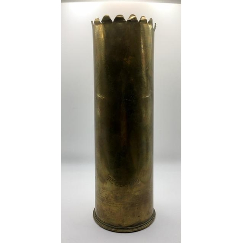 222 - Trench Art - A decorated WWI 1916 British brass shell case, to commemorate 'The Great War'. Length 2... 