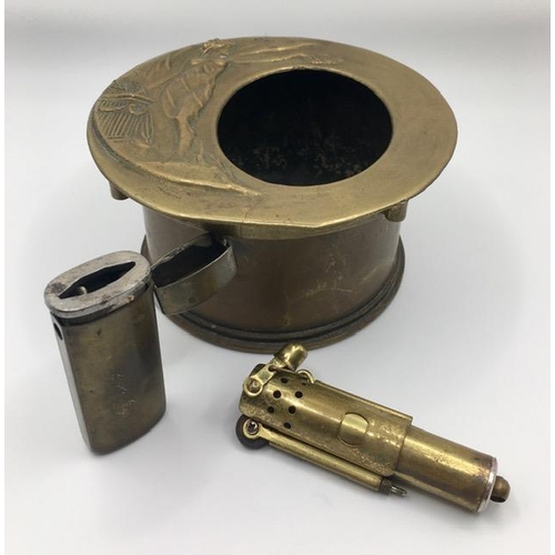 225 - Trench Art - A WWI brass shell case/ashtray, together with a brass lighter & matches case.