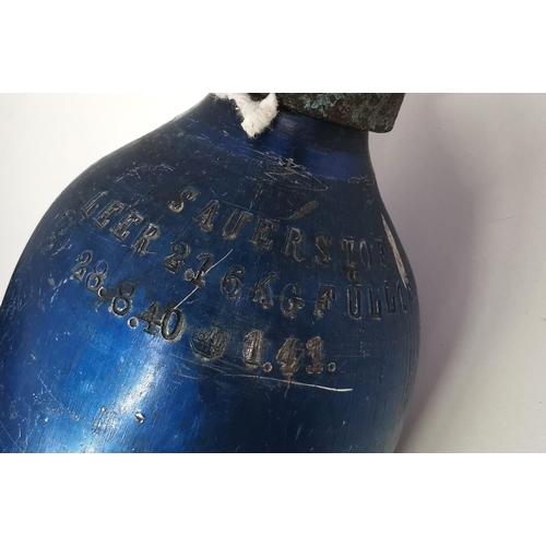 237 - A WWII Luftwaffe Oxygen bottle. Various markings including 'SAUERSTOFF LEER 2.16 KG FULL 150 AT 28.8... 