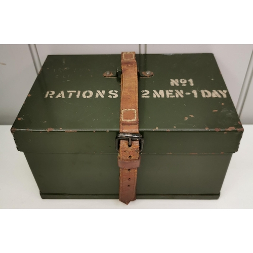 243 - A post WWII No.1 2 men-1 Day Rations Tin (empty), together with a vintage leather binoculars case (e... 