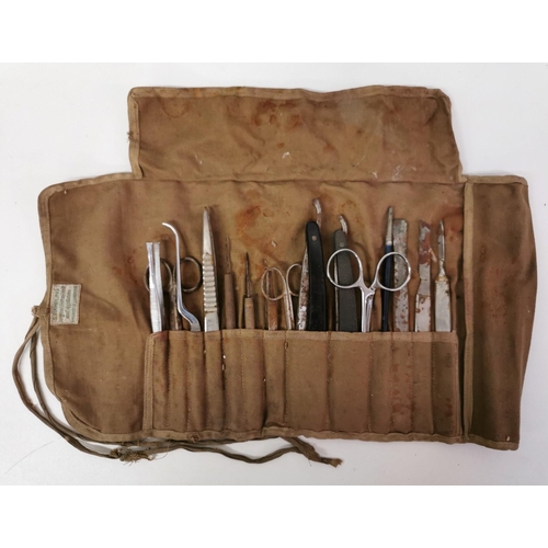 255 - A British WWI Field Surgical Kit. Roll-case supplied by 'S Rampling', Market Street, Cambridge. Most... 