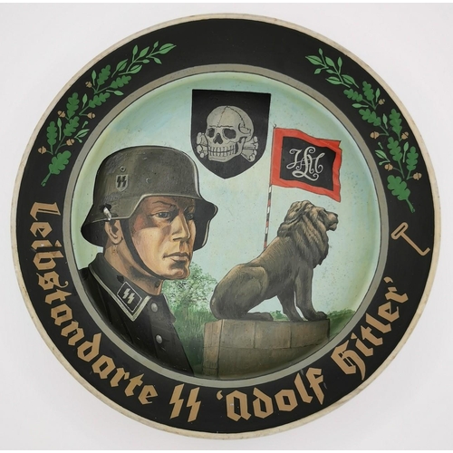 263 - A unique, hand-painted plate from the SS Adolf Hitler personal bodyguard unit. Nazi Eagle & maker's ... 