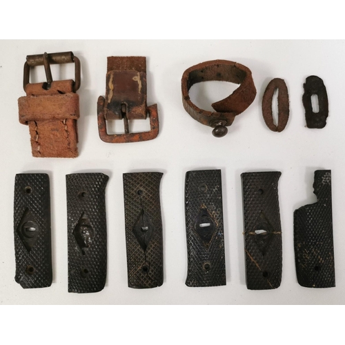 295 - A mixed lot of three German WWII daggers (without handle grips), belt buckles & other dagger grips. ... 