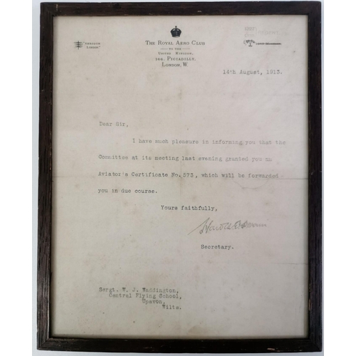 307 - A framed letter of confirmation of the issue of aviator's certificate no.573, from 1913, in respect ... 