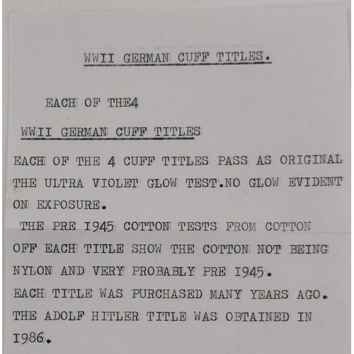 324 - A WWII Waffen Panzer Division, SS officer's 'Adolf Hitler' cuff title. Complete with note of provena... 